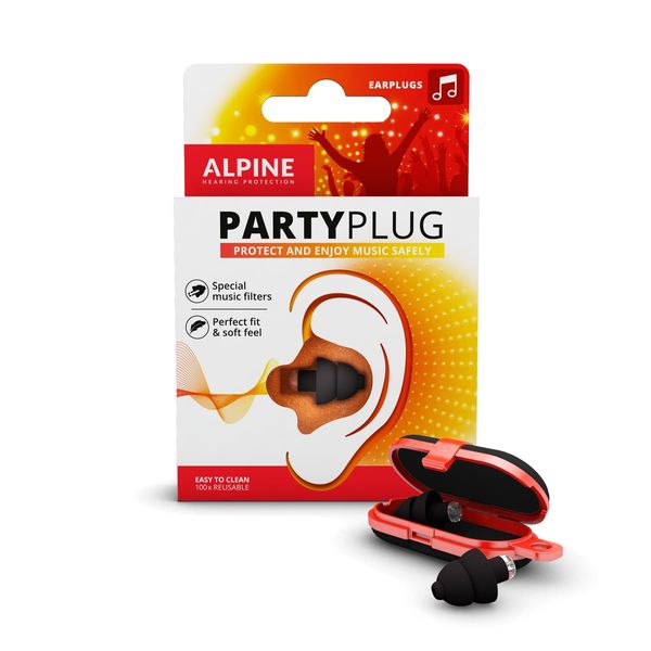 Alpine PartyPlug Concert Ear Plugs - Noise Reduction Ear Plugs for Party, Concert, Festival and Music - 19dB - 1 Pair Reusable Soft Black Earplugs