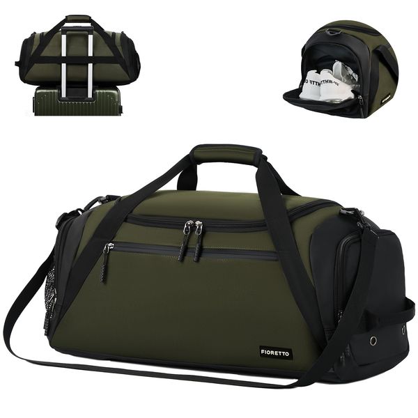 FIORETTO 45L Mens Sports Gym Bag with Wet Pocket & Shoe Compartment, Travel Duffle Bag Overnight Bag with Padded Shoulder Strap, Water-Resistant Holdall for Swimming, Basketball, Football Army Green