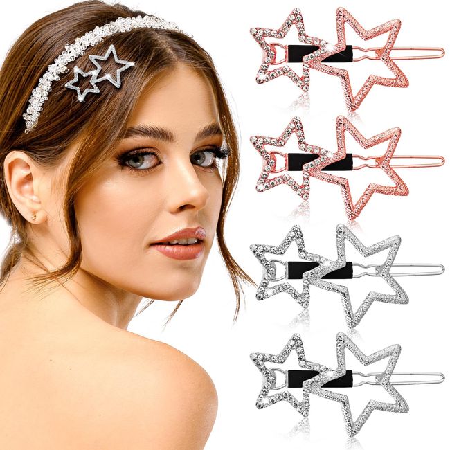 Ouligay 4Pcs Hollow Star Hair Clips Geometric Hair Claw Clip Rhinestone Hair Pins for Women Lady Girls(Silver Golden)