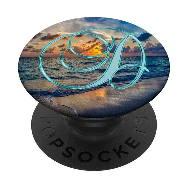 D Teal Beach Ocean Waves Sand Sunset Monogram Initial Letter PopSockets Swappable PopGrip