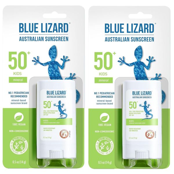 BLUE LIZARD Mineral Sunscreen Stick with Zinc Oxide SPF 50+ Water Resistant UVA/UVB Protection Easy to Apply Fragrance Free, Kids, Unscented, 0.5 oz (Pack of 2)