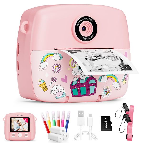 ASTGMI Kids Camera Instant Print, 1080P HD Kids Digital Camera for Girls,Instant Camera for Kids with Color Pens, 3 Rolls Print Paper, Girls Birthday Gifts Toys for 3 4 5 6 7 8 9+ Year Old (Pink)