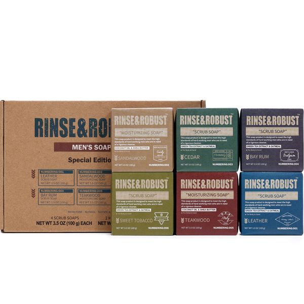 Bath Bar Scrub Soap Rinse & Robust Gift Set Exfoliating for Men Body&Hand All Skin Type 6Pcs Handmade Natural Cleansing Moisturizing&, Leather, Sandalwood, Cedar, Bay Rum, Teak Wood, Sweet Tobacco, 3.5 oz