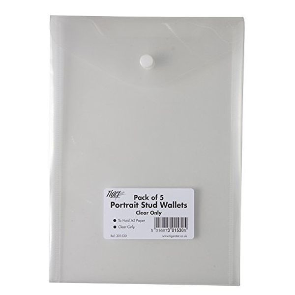Tiger 25 x Portrait A5 Clear Stud Press Wallets Plastic Document Envelope Folders