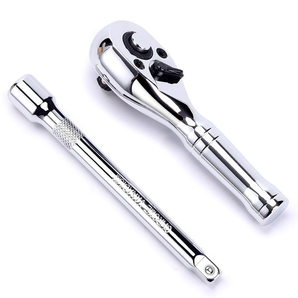 1/4-Inch Drive Ratchet Wrench, 72-Tooth Stubby Quick-Release Socket Wrench with a Extension Bar(4 inch), Reversible Switch, Chrome Alloy Made…