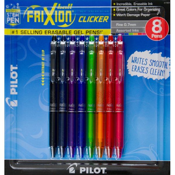 Pilot FriXion Clicker Fine 0.7mm Assorted Inks, 8 Erasable Gel Pens