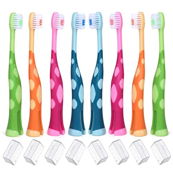 55Dental Kids Toothbrush Set of Soft Giraffe Toothbrush for Kids 3-9. Easy-Grip, Bristle Cover, Self-Standing & Splited Bottom for Cup Rim. by Lix, 4 Colors