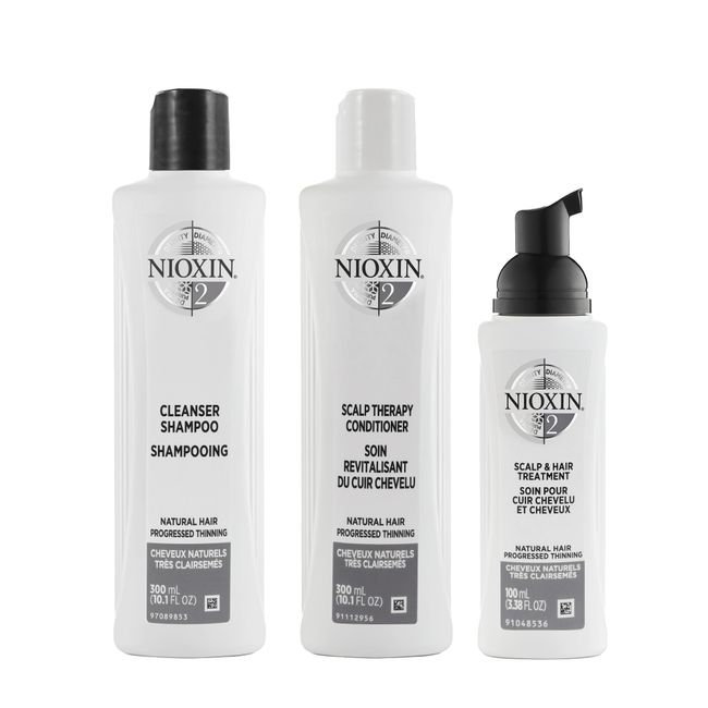 Nioxin System Kit 2, Hair Strengthening & Thickening Treatment, Treats & Hydrates Sensitive or Dry Scalp, For Natural Hair with Light Thinning, Full Size (3 Month Supply)