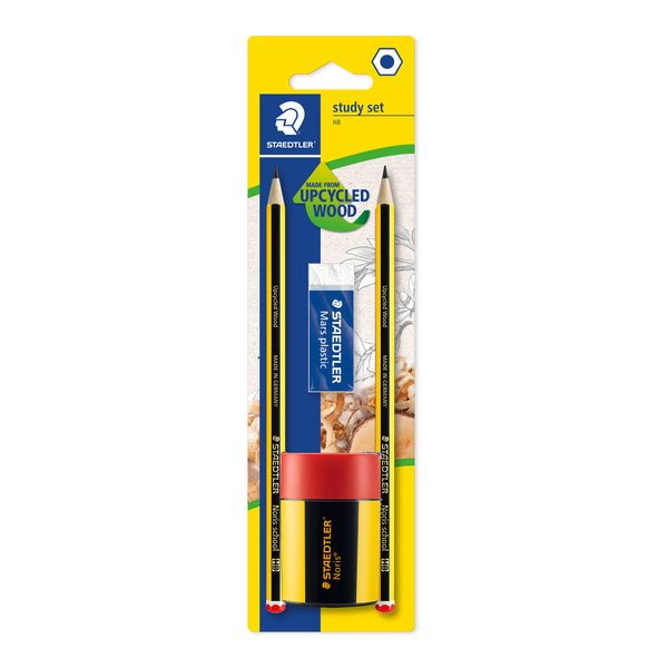 STAEDTLER 121 511BKD Noris School Graphite HB Pencil Study Set (Pack of 2 Pencils, Eraser + Tub Sharpener)