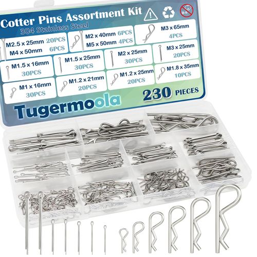 Tugermoola 230PCS 13 Sizes Cotter Pin Assortment Kit 304 Stainless Steel R Shaped Cotter Pins and Hairpin Split Pin Fastener Clips OLA016