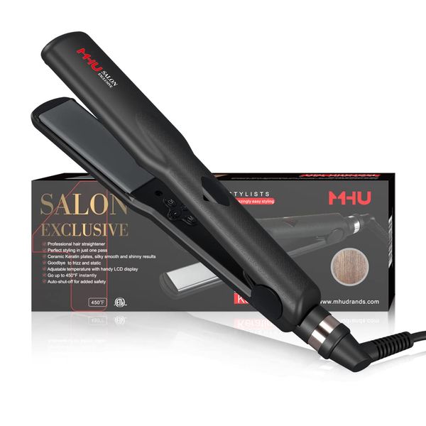 Professional Hair Straightener 2 in 1 Dual Voltage Curling Iron with Floating Plates, 1.25 Inch Wide Ceramic Ionic Flat Iron for Straightening and Curling,Digital Disply ,Auto Shut Off, Black