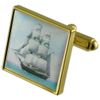 Royal Navy Warship Gold Square Cufflinks with Engraved Personalised Case