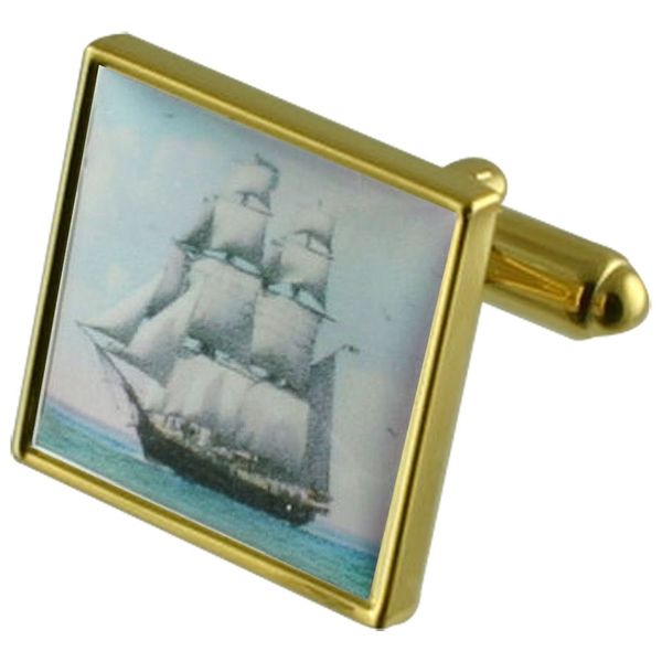Royal Navy Warship Gold Square Cufflinks with Engraved Personalised Case