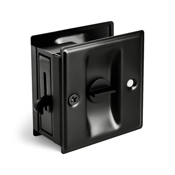 HOMOTEK Privacy Sliding Door Lock with Pull - Replace Old Or Damaged Pocket Locks Hardware Quickly and Easily, 2-3/4”x2-1/2”, for 1-3/8” Thickness Door, Black