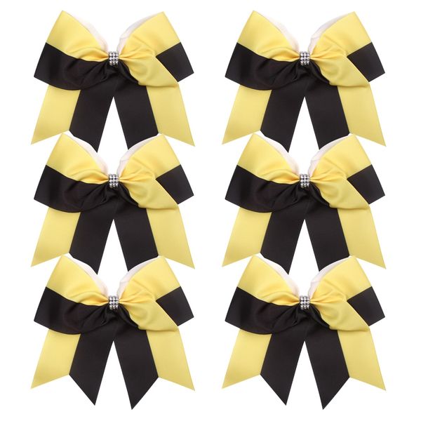 Cheerleader Bows 8 Inch Comb Color Ponytail Holder with Bling Fling Rhinestones Hair Tie Cheerleading Bows 6 Pcs (Yellow/Black)