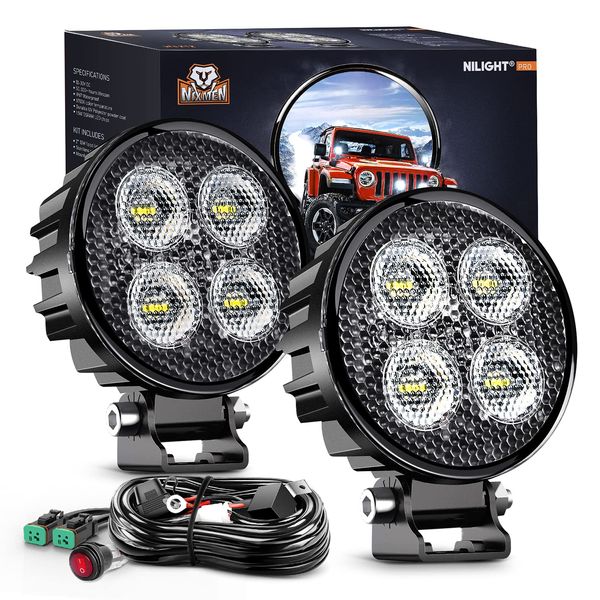 Nilight 2PCS 3Inch Led Pods Round 1500LM Built-in EMC Work Light 90° Flood Beam Angle for Offroad Lights Side Light w/ 16AWG DT Wiring Kit for Tractor Truck Boat ATV UTV, 5 Years Warranty