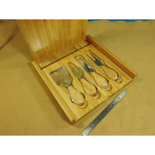 Bamboo Cutting Board Cheese Set with 4 Tools, 8" x 8"  - New in Box