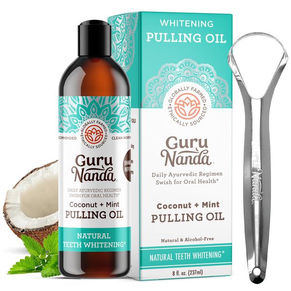 GuruNanda Coconut & Peppermint Oil Pulling (8 Fl.Oz) with Tongue Scraper - Alcohol Free Mouthwash for Fresh Breath, White Teeth & Healthy Teeth & Gums, 236.5 Millilitre