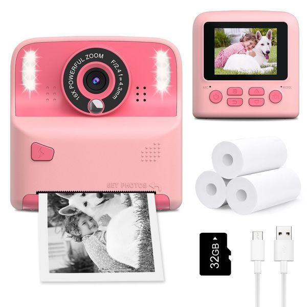 Instant Print Camera for Kids, Christmas Birthday Gifts for Age 3-12, 2.4 Inch Screen Inkless Children Selfie Digital Camera, Toddlers Portable Travel Toys for 3 4 5 6 7 8 Year Old Girls Boys (Pink)