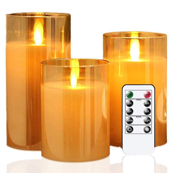 Goldprice LED Candle Light, LED Glass, Gold Candle, Set of 3, Flickering Like Real Flames, Warm Light, No Fire, Wobbleing, Safe, Energy Saving, Includes Dedicated Remote Control, Brightness