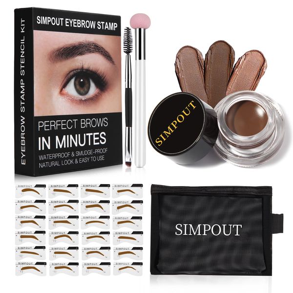 Eyebrow Stamp Stencil Kit for Beginner - Simpout Eye Brow Stamping Kit, Eyebrow Stamp Trio Kit, 29 Brow Stencils, Brow Eyebrow Kit with Sponge Applicator, Waterproof Eyebrow Kit (E02 Soft Brown)