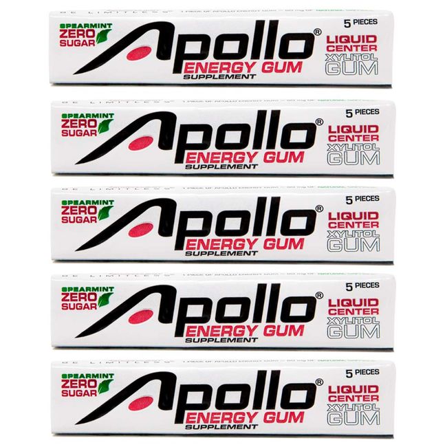 Apollo Energy Gum – Liquid Core Xylitol Gum – Sugar-Free, Aspartame-Free, Caffeinated Gum – Spearmint – 5 Pieces of Gum Per Pack (5 Pack)
