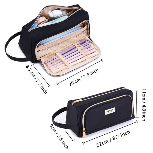 KALIDI Pencil Case, Large Capacity, 2 Compartments, Unisex Pencil Case, Pencil Case, School Supplies, Pencil Case with Carry Handle for School, Office, Girls, Ladies, Students, black, Einheitsgröße,
