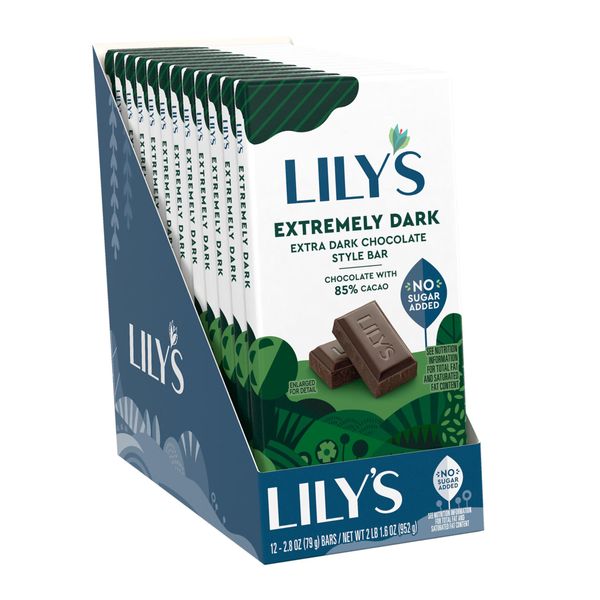 LILY'S Extremely Dark Extra Dark Chocolate Style No Sugar Added, Sweets Bars, 2.8 oz (12 Count)