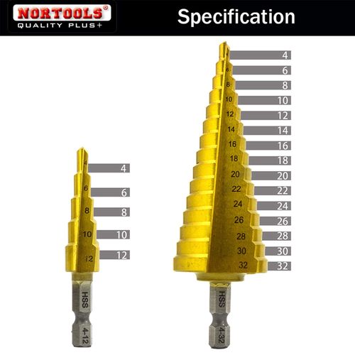NORTOOLS Step Drill Bit Sets 2 PCS HSS TiN Coated Drills with 1/4 inch Hex Shank Multi-Construction Hole Stepped Up Bits for Machinists Carpenters DIY Lovers Woodworker Hobbyists