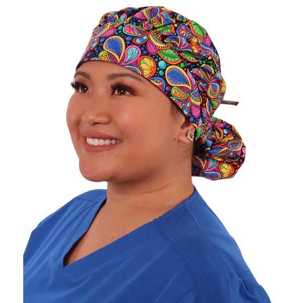 Sparkling EARTH Bright Flower Paisley Banded Bouffant Ponytail Classic Surgical Style Scrub Working Cap - Made in The USA!