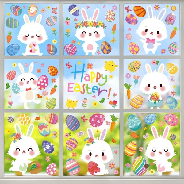 Tsathoggua 9 Sheets Easter Bunny Window Stickers PVC Static Stickers, Easter Decorations Home, Reusable, Waterproof