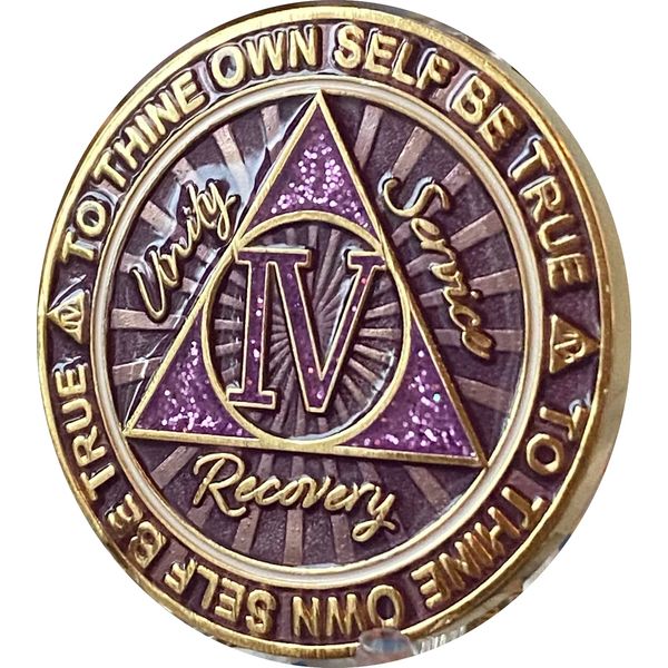 4 Year AA Medallion Cosmic Purple Glitter Gold Plated Chip