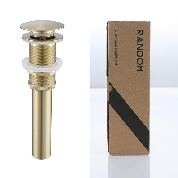 RANDOM Brushed Gold Sink Drain Stopper without Overflow Bathroom Pop Up Drain Faucet Assembly Stopper for Vessel Vanity Sink Solid Brass RD83001BG.