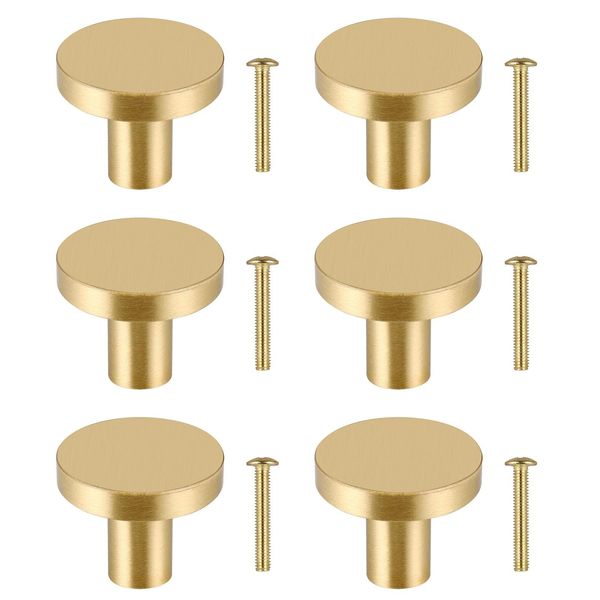 JIZZU 6 Pcs Solid Brass Gold Drawer Knobs [20 * 25mm], Durable Cabinet Knobs, Single Hole Door Handles for Cupboard, Wardrobe, Dresser Drawer, Furniture Decoration with Screws