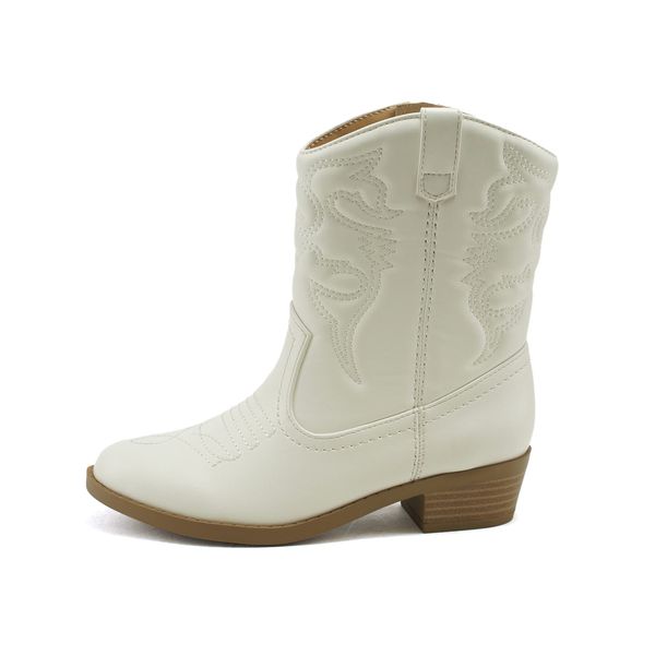 Soda RENO-2 Kids/Girls/Children Western Cowboy Stitched Pointe Toe Low Heel Ankle Mid Shaft Fashion Boots (13 LITTLE KID, WHITE PU, numeric_13)