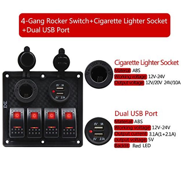 Car Marine Circuit Breaker 4 Gang Rocker Switch Panel On/Off USB Port LED  Digital Voltmeter DC 12V/24V fit Car RV Truck 