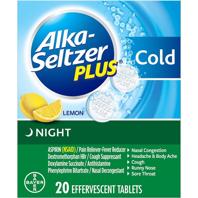 Alka-Seltzer Plus Night Cold Medicine, Lemon Effervescent Tablets with Pain Reliever/Fever Reducer, Lemon, 20 Count