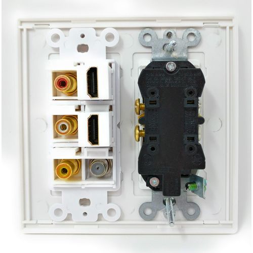 RiteAV - 2 x 15 Amp 125V Power Outlet 3 x RCA - 2 X HDMI and 1 x Coax Cable TV Port Screwless Wall Plate White