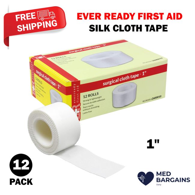 Ever Ready First Aid Adhesive Silk-Like Cloth Tape 1" x 10 yd - 12 Pack