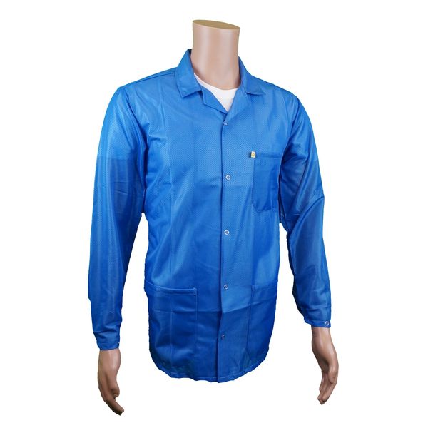 Static Care ESD Jacket,Medium Weight 90% Polyester, 10% Carbon Fabric with Lapel Collar and Snap Cuff, Blue, Medium