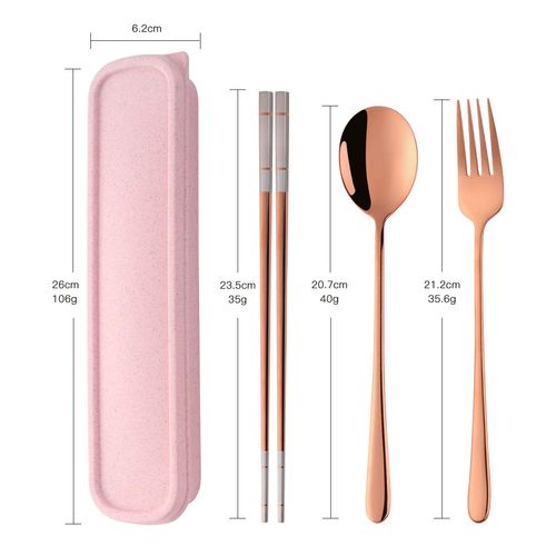 SBOMHS 18/10 Stainless Steel Portable Cutlery Chopsticks Spoon Fork Set with Case for School Home Office Camping Travel Outdoor Rose Gold