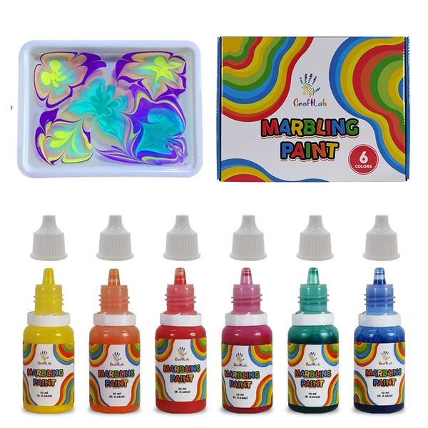 CraftLab Premium 6 Colours Marbling Kit for Kids, Marble Paint Craft Kits for Kids, Non-Toxic Water Marbling Paint Art Kit for Kids – 6 Colours