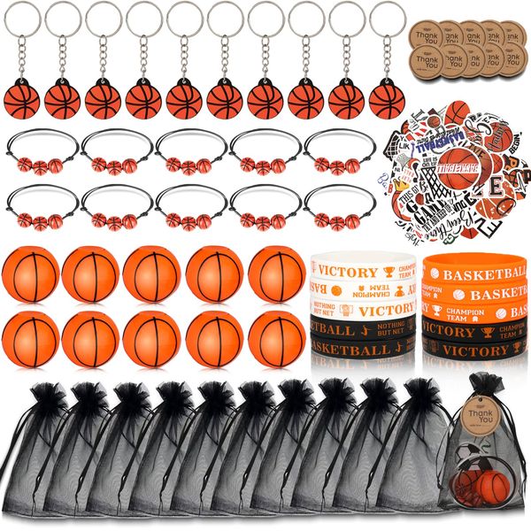 Silkchio Basketball Party Favors Sets, Basketball Theme Party Supplies 110pcs, Mini Fidget Spinner Keychains Silicone Wristbands Bracelet Basketball Stickers Set Bags for Birthday Party Decorations