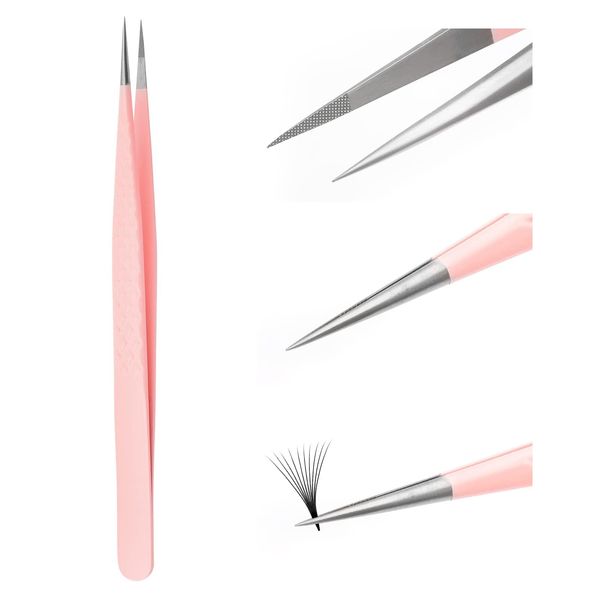 Independent Tweezers Eyelash Extension, Pink Stainless Steel Curved Tip Professional Eyelash Tweezers Striped FADVAN(Straight Shape)