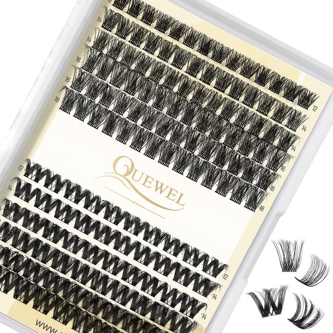 Lash Clusters QUEWEL 144pcs Cluster Lashes MIX12-18mm 2 Styles DIY Lash Extensions Clusters in One Individual Lashes Tray with Thin Band(S012+S043-MIX12-18)