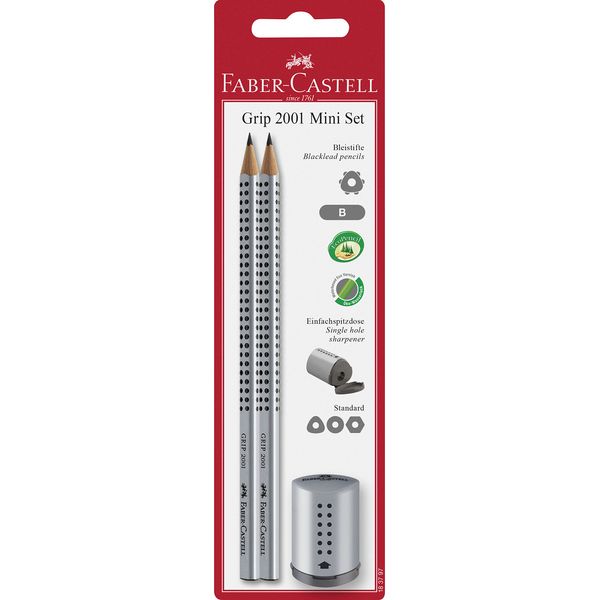 FABER-CASTELL 183797 - 2er Set Bleistifte Grip 2001 & Mini Spitzer, silver