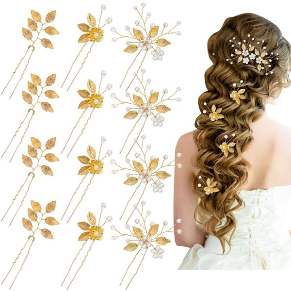 inSowni 12 Pack Wedding Prom Party Decorative Gold Hair Pins with Leaf Flower Leaves Pearl Hair Clips Ornaments Bridal Headpieces Formal Hair Accessories for Brides Bridesmaids Women Flower Girls