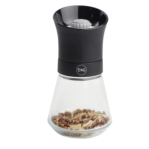 T&G CrushGrind Spice Mill with Removable Glass Base, 12.5 cm, Black, Whole Dried Herbs Spices Seeds Chilli Flakes / Fully Adjustable Ceramic Manual Grinder