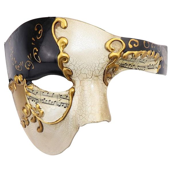 Half Face Men's Phantom of the Opera Vintage Design Venetian Carnival Masquerade Mask in Beige, Black&silver 2