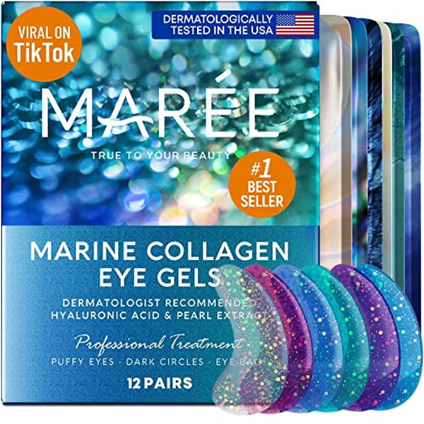 Maree Eye Gel Pads - Reduce Wrinkles, Puffy Eyes, Dark Circles, Eye Bags - Natural Marine Collagen Eye Gels with Hyaluronic HA - Anti Aging Eye Mask Patches & Face Moisturizer